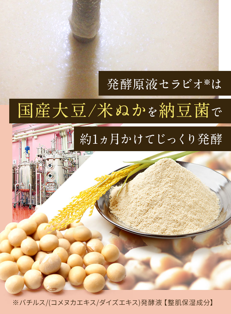 発酵原液セラビオは国産大豆・米ぬかを納豆菌で約一か月かけてじっくり発酵